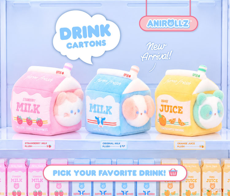Anirollz drink carton plush: strawberry milk Kittiroll, milk Puppiroll, and orange juice Pandaroll on a fridge shelf