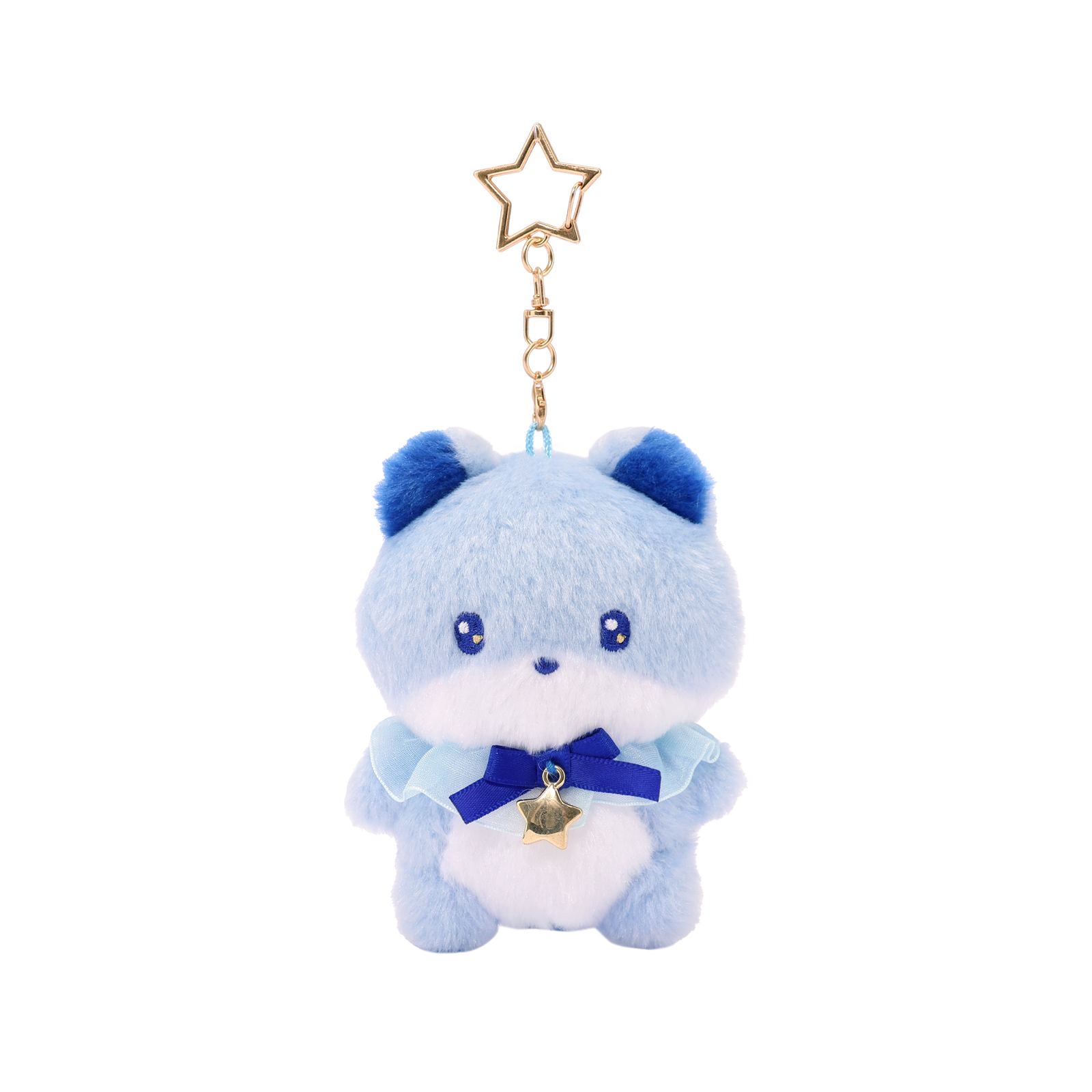 Miniz Foxiroll Starlight Collection plush charm keychain — periwinkle blue fox with navy bow, gold star charm, and gold star-shaped clip