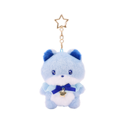 Miniz Foxiroll Starlight Collection plush charm keychain — periwinkle blue fox with navy bow, gold star charm, and gold star-shaped clip