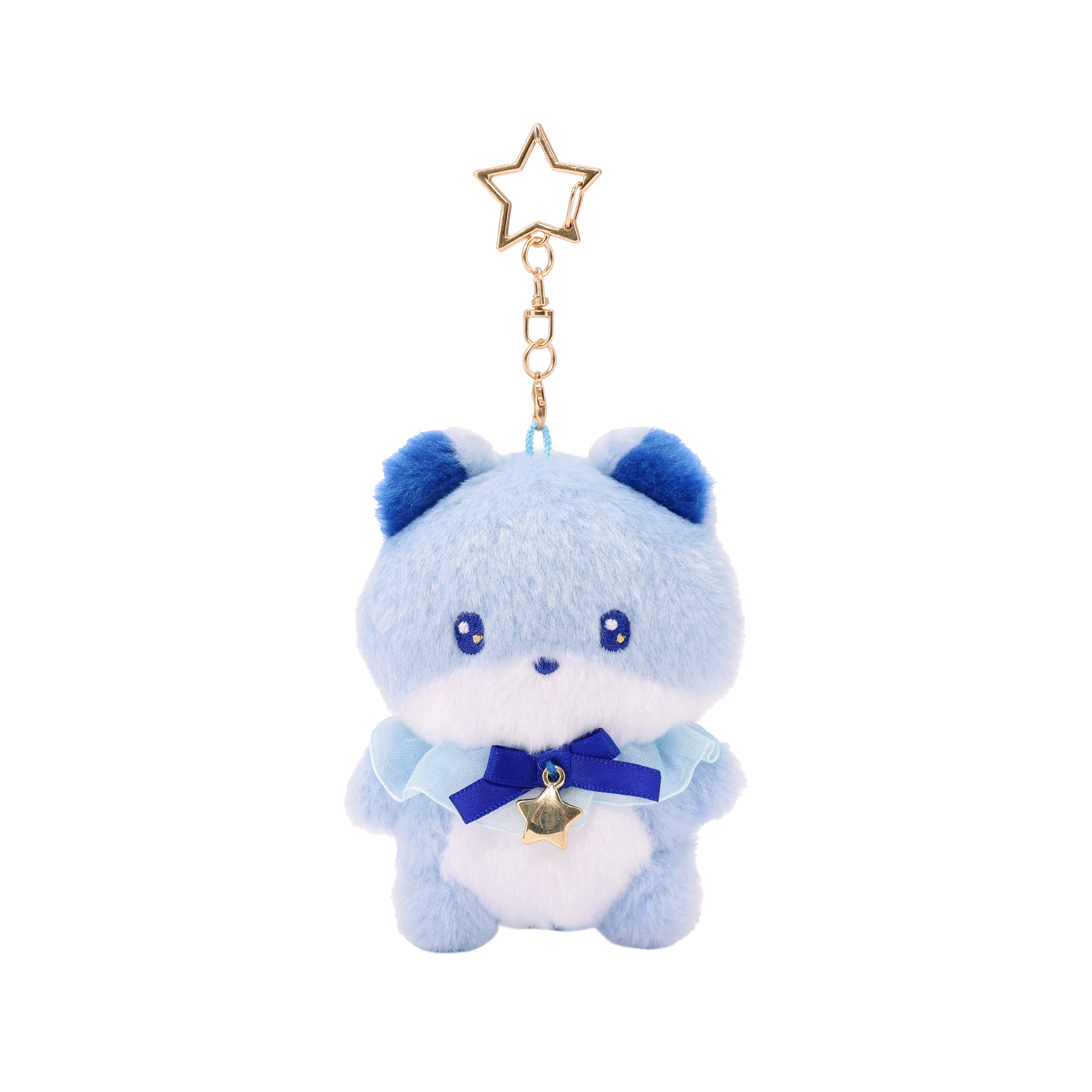 Miniz Foxiroll Starlight Collection plush charm keychain — periwinkle blue fox with navy bow, gold star charm, and gold star-shaped clip