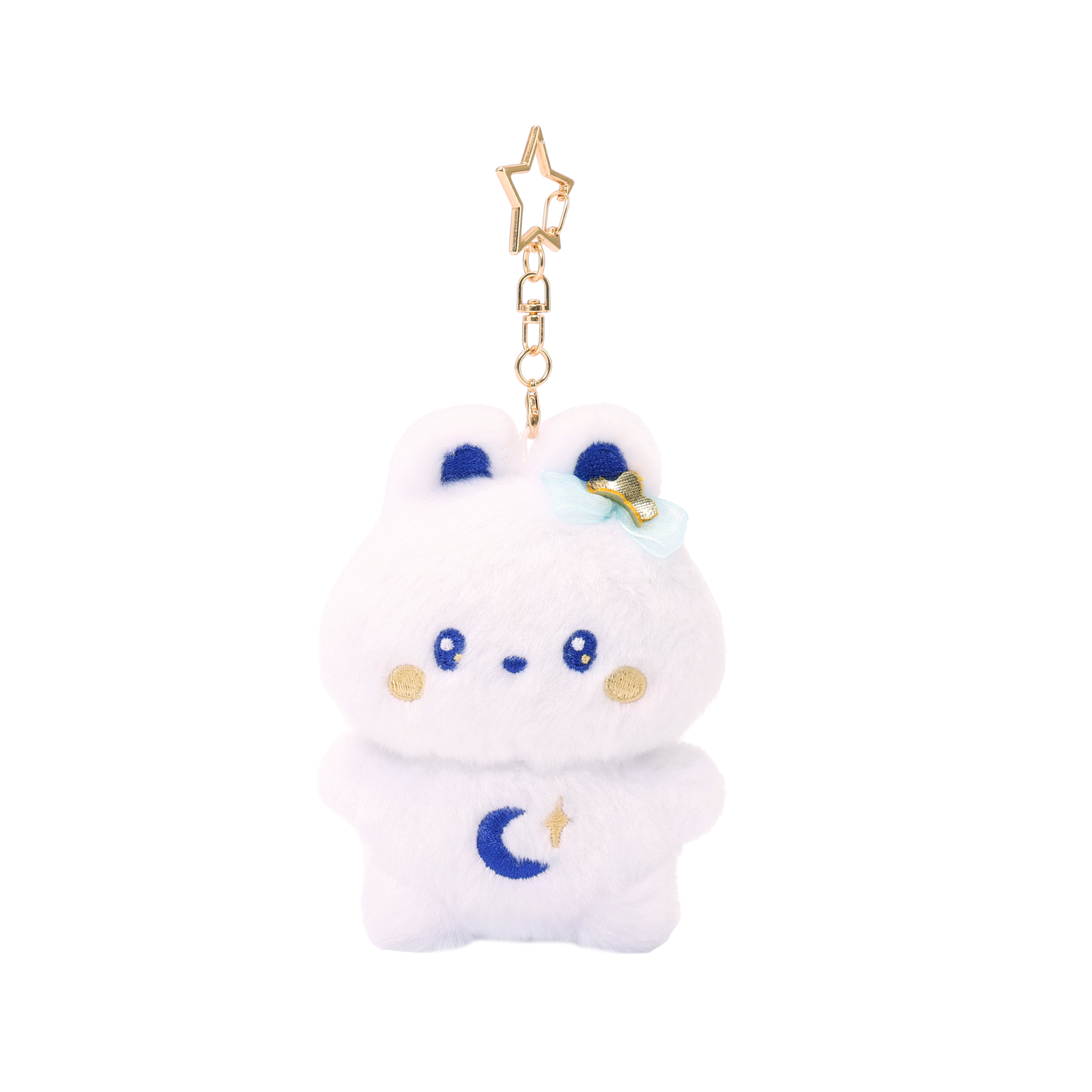 Miniz Bunniroll Starlight Collection plush charm keychain — soft white bunny with moon and star embroidery, gold star hair bow, and gold star-shaped clip