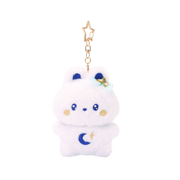 Miniz Bunniroll Starlight Collection plush charm keychain — soft white bunny with moon and star embroidery, gold star hair bow, and gold star-shaped clip