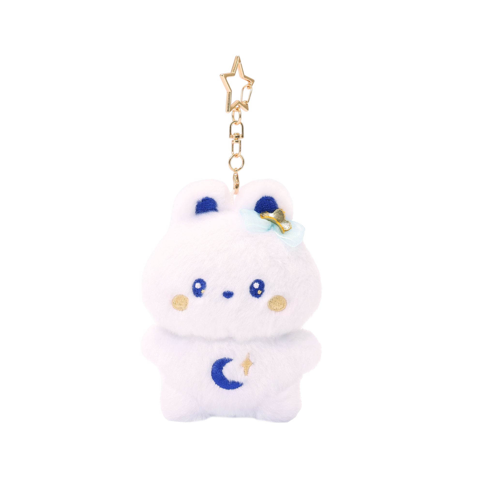 Miniz Bunniroll Starlight Collection plush charm keychain — soft white bunny with moon and star embroidery, gold star hair bow, and gold star-shaped clip