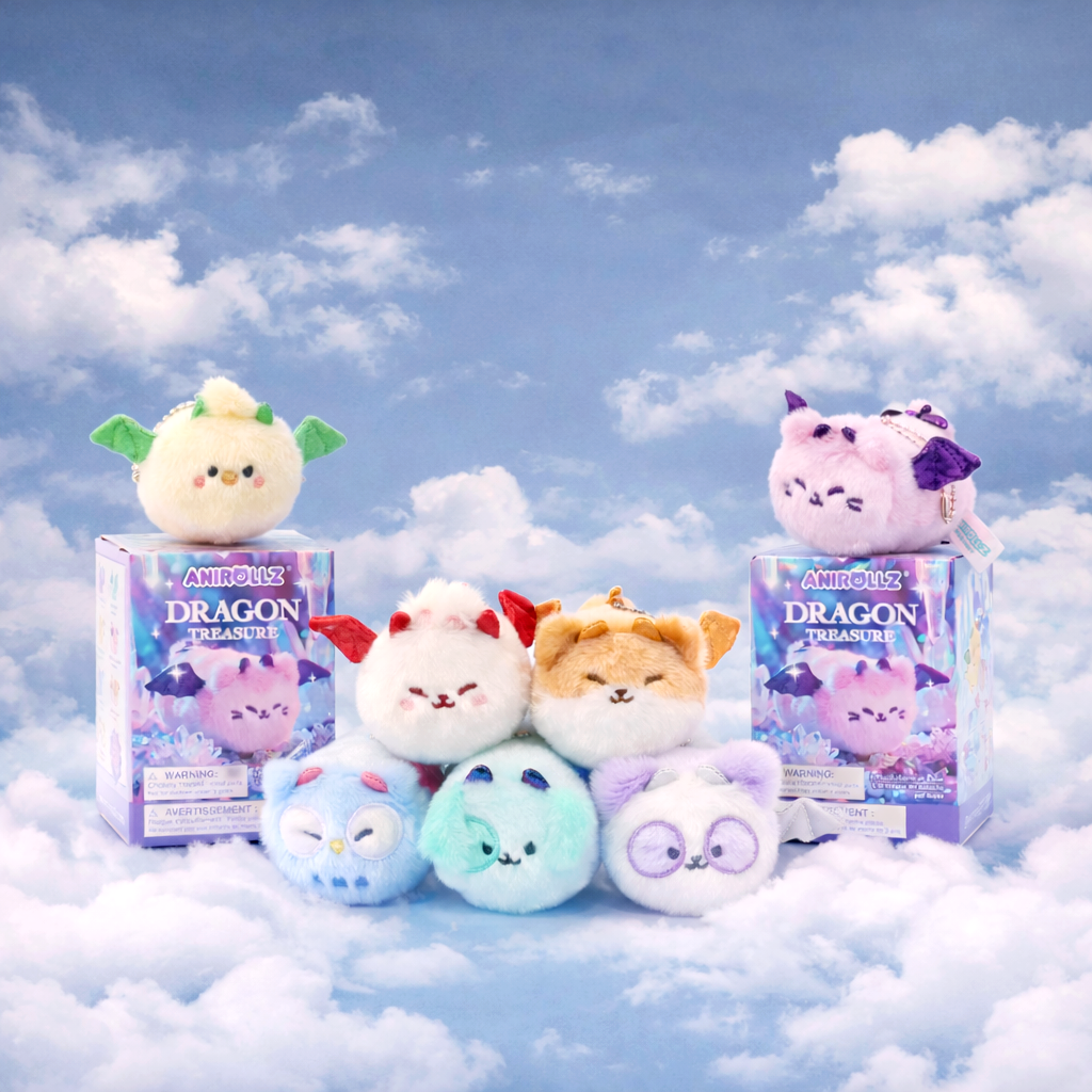 Anirollz Dragon Treasure blind box surprise plush keychains collection displayed on clouds — all 7 characters shown