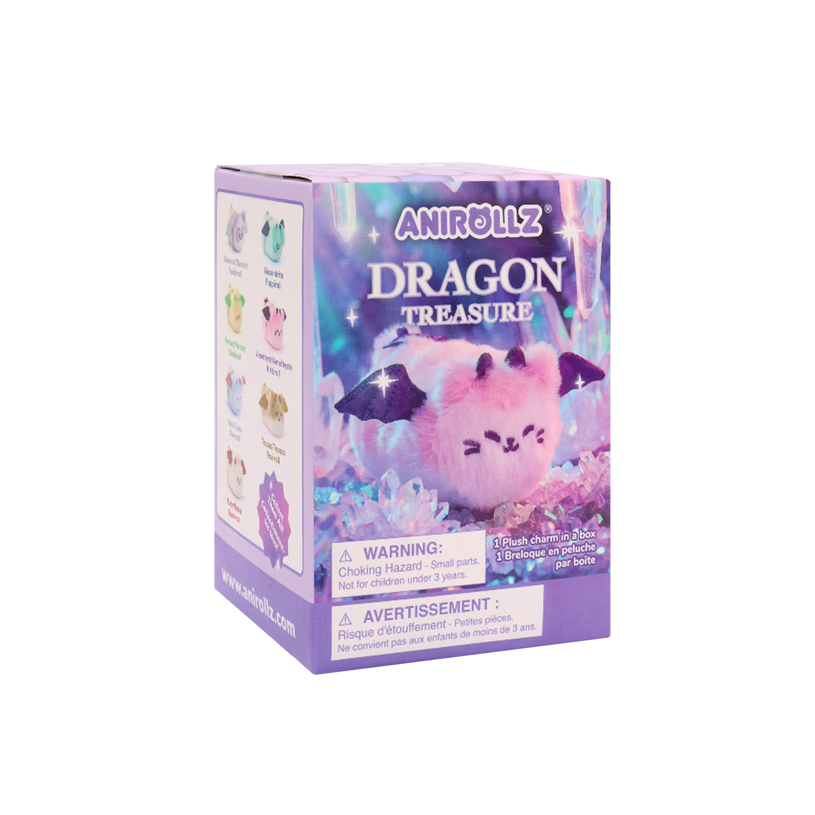 Anirollz Dragon Treasure surprise blind box front — pink cat dragon plush keychain packaging