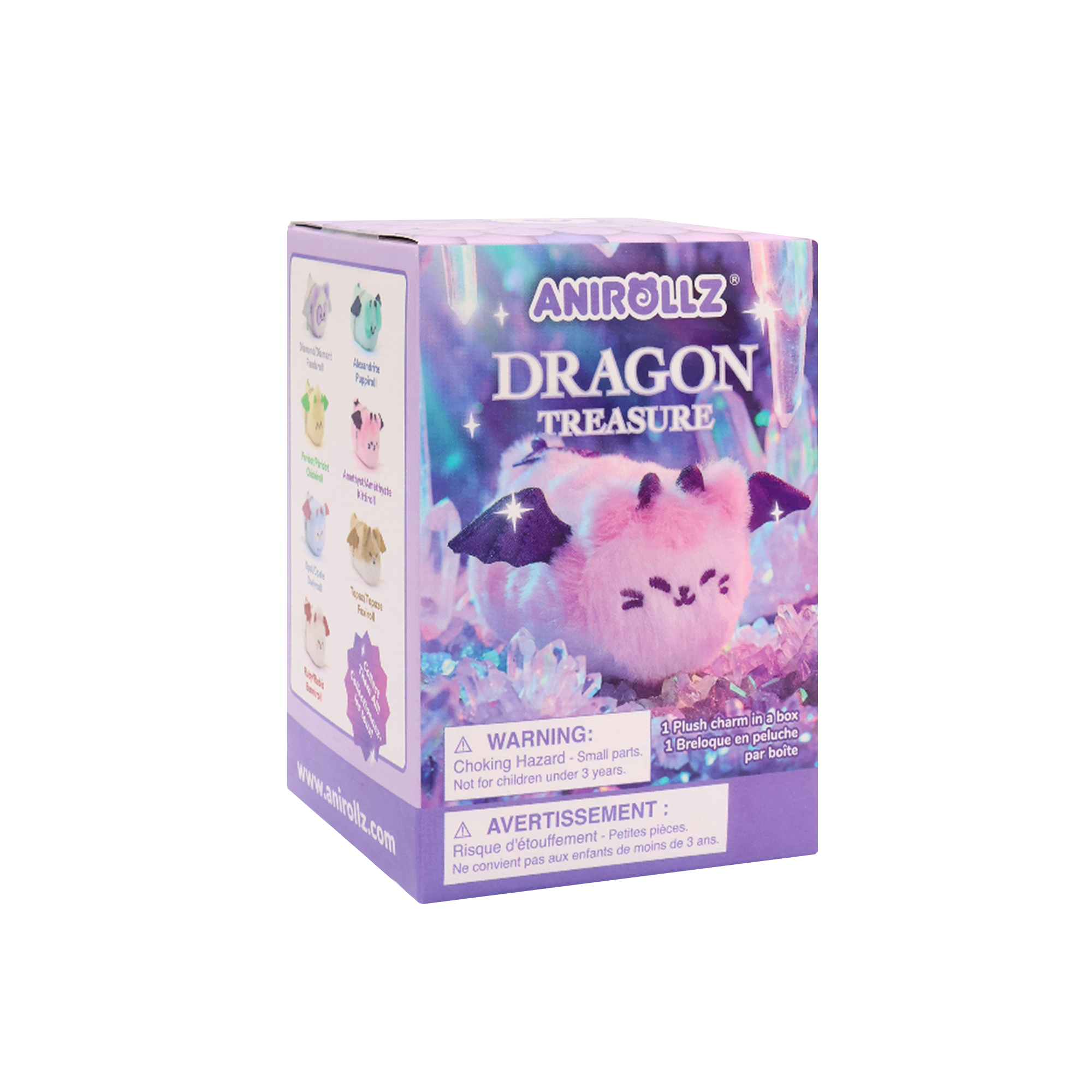 Anirollz Dragon Treasure surprise blind box front — pink cat dragon plush keychain packaging