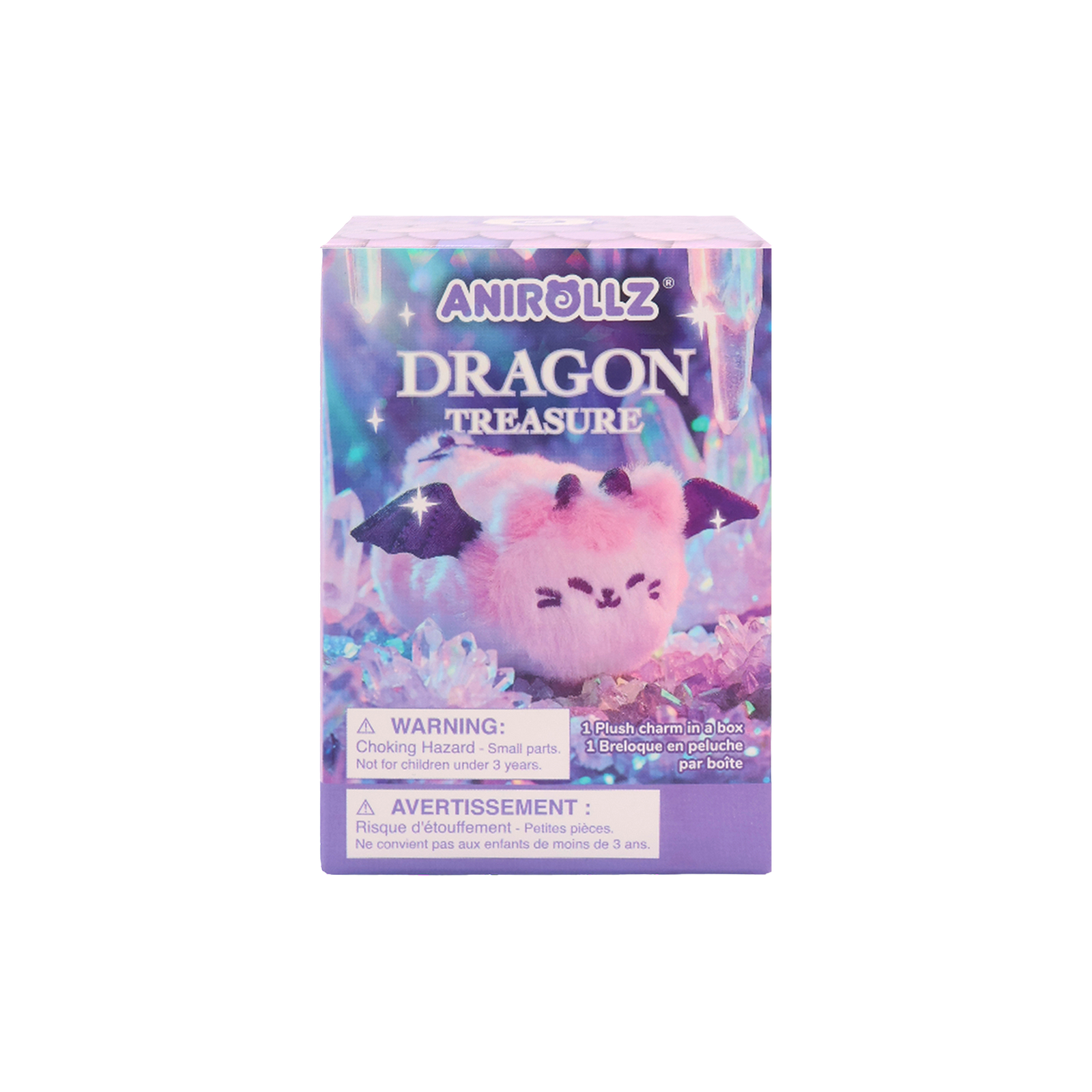 Anirollz Dragon Treasure surprise blind box front — pink cat dragon plush keychain packaging