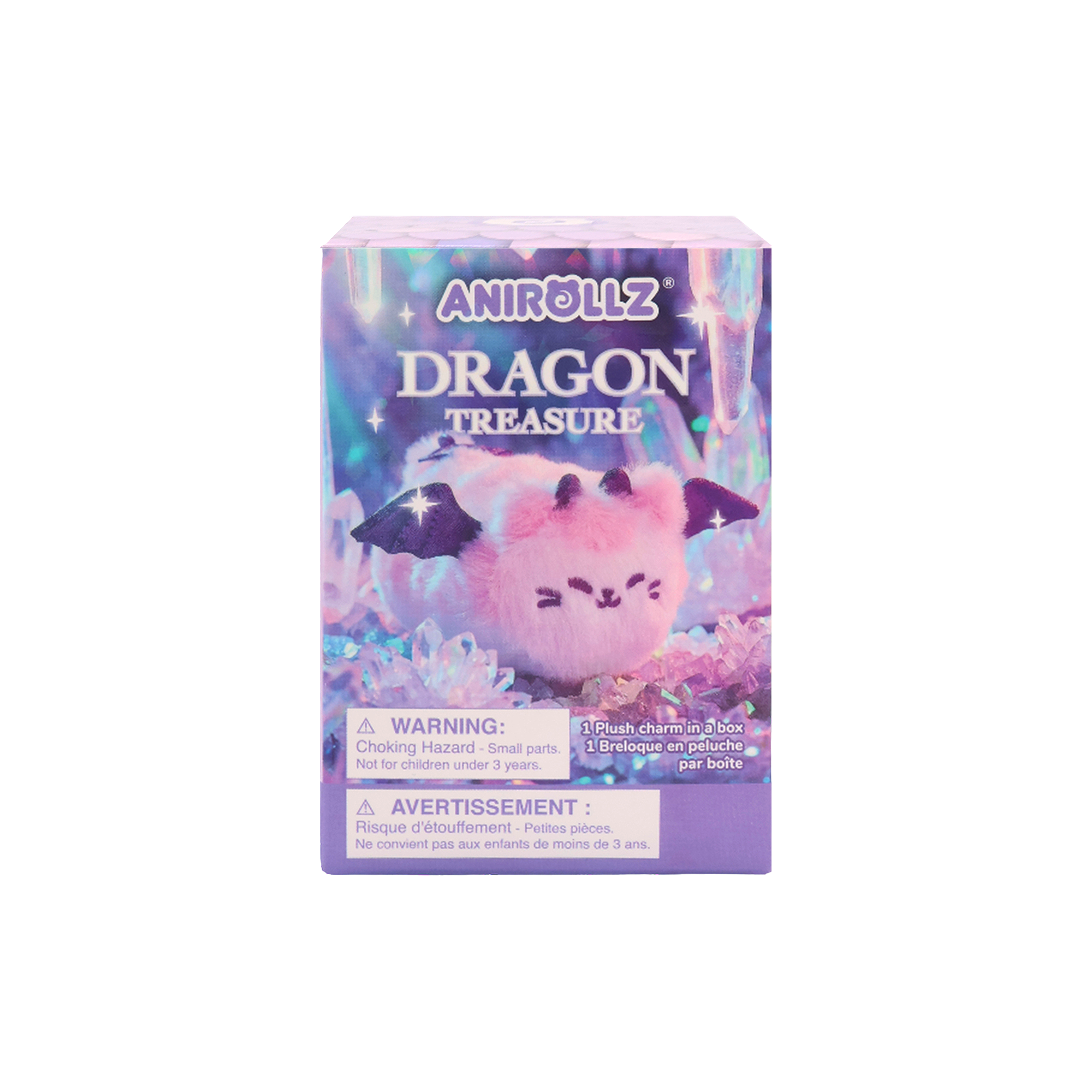 Anirollz Dragon Treasure surprise blind box front — pink cat dragon plush keychain packaging