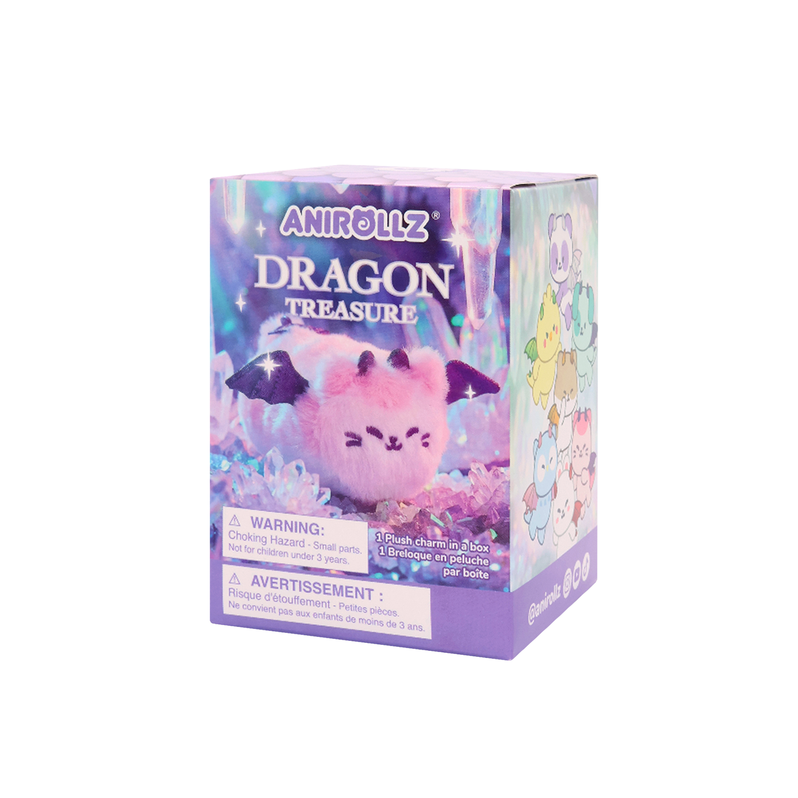 Anirollz Dragon Treasure surprise box side showing kawaii dragon character illustrations