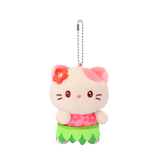 Hawaii Kittiroll Hula Miniz plush charm front view – pink floral top, green grass skirt, red hibiscus hair flower, ball chain keyring