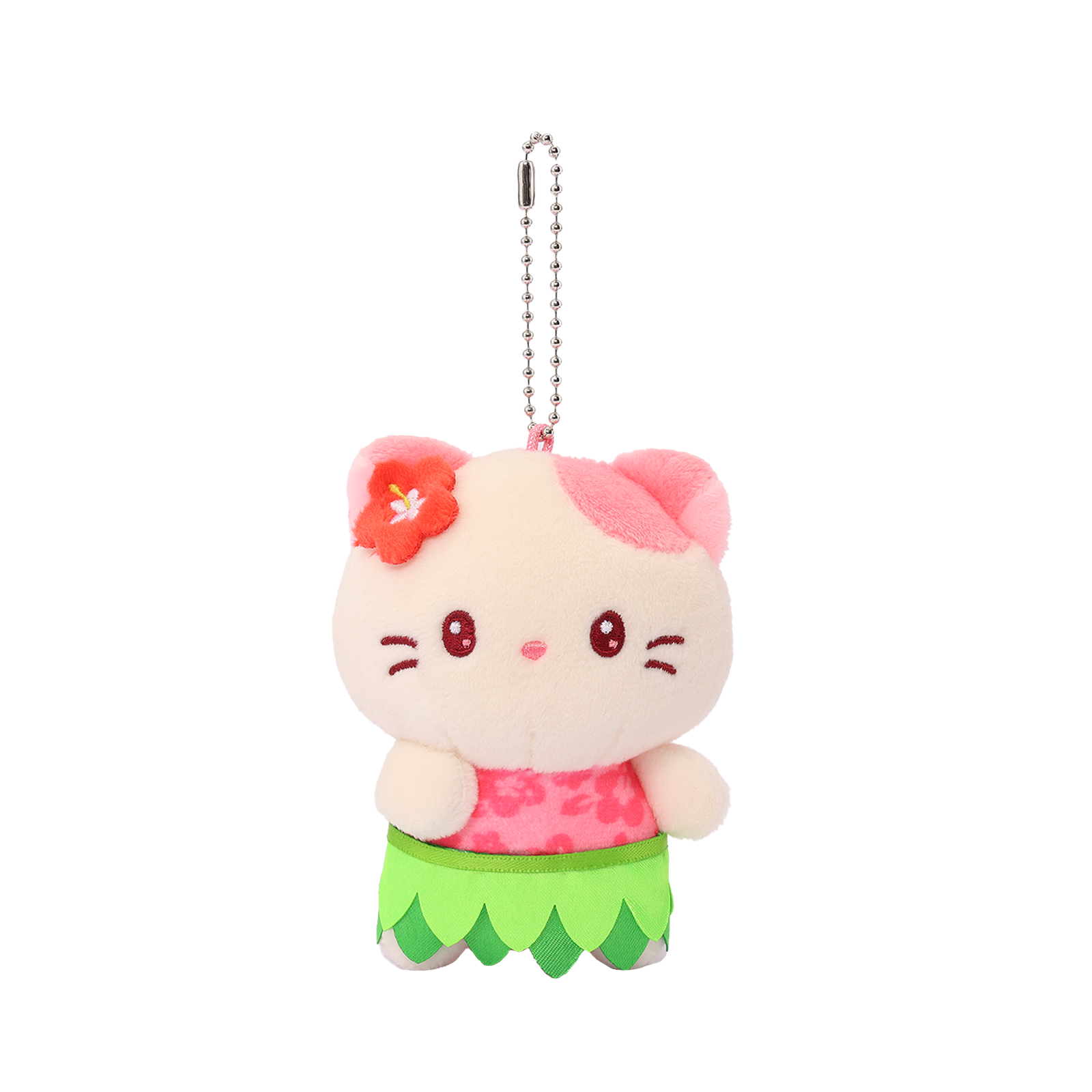 Hawaii Kittiroll Hula Miniz plush charm front view – pink floral top, green grass skirt, red hibiscus hair flower, ball chain keyring