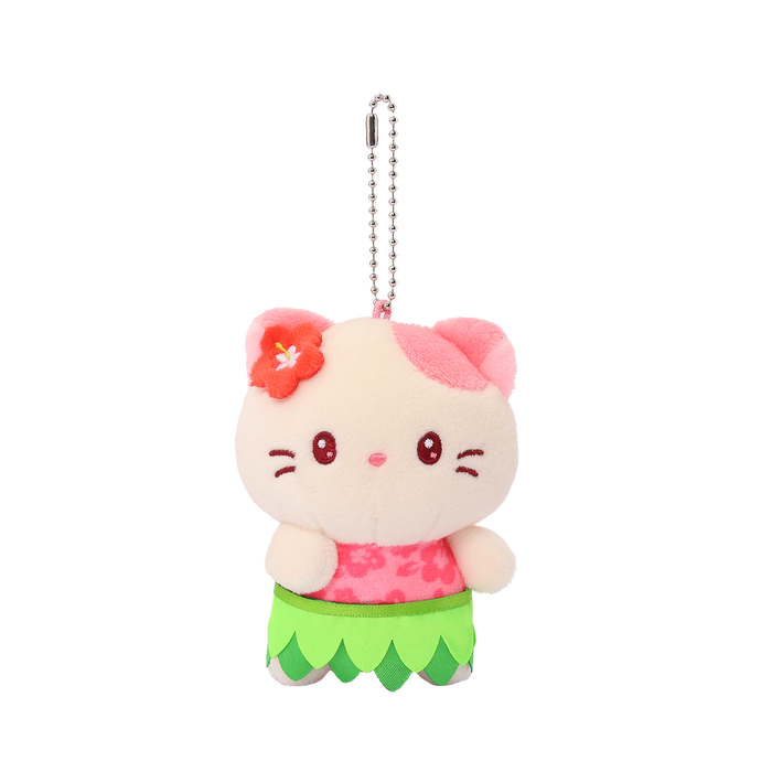 Hawaii Kittiroll Hula Miniz plush charm front view – pink floral top, green grass skirt, red hibiscus hair flower, ball chain keyring