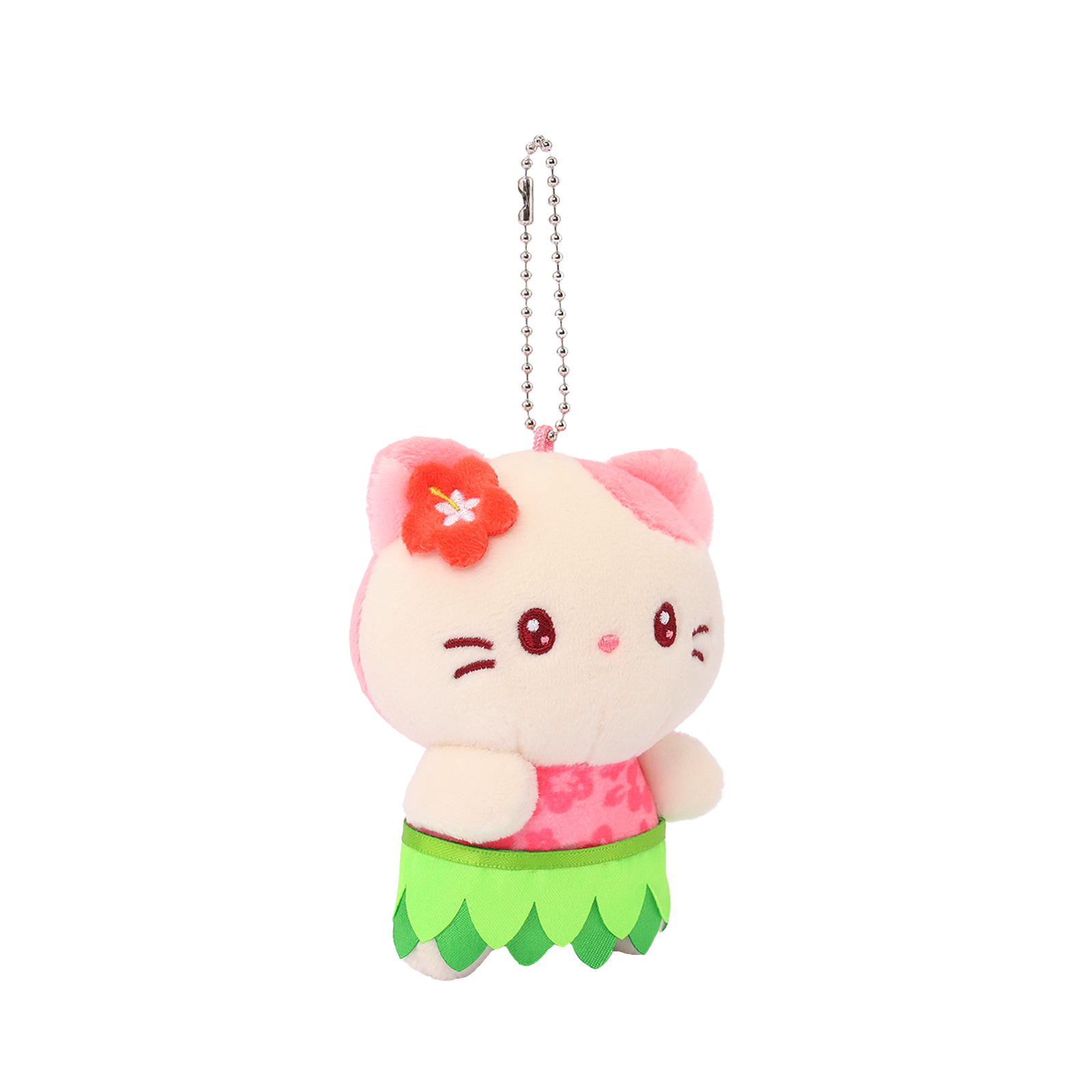 Hawaii Kittiroll Hula Miniz plush keychain three-quarter front view showing tropical hula costume details