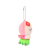 Side profile of Kittiroll Hula Miniz plush charm showing layered grass skirt and hibiscus hair accessory