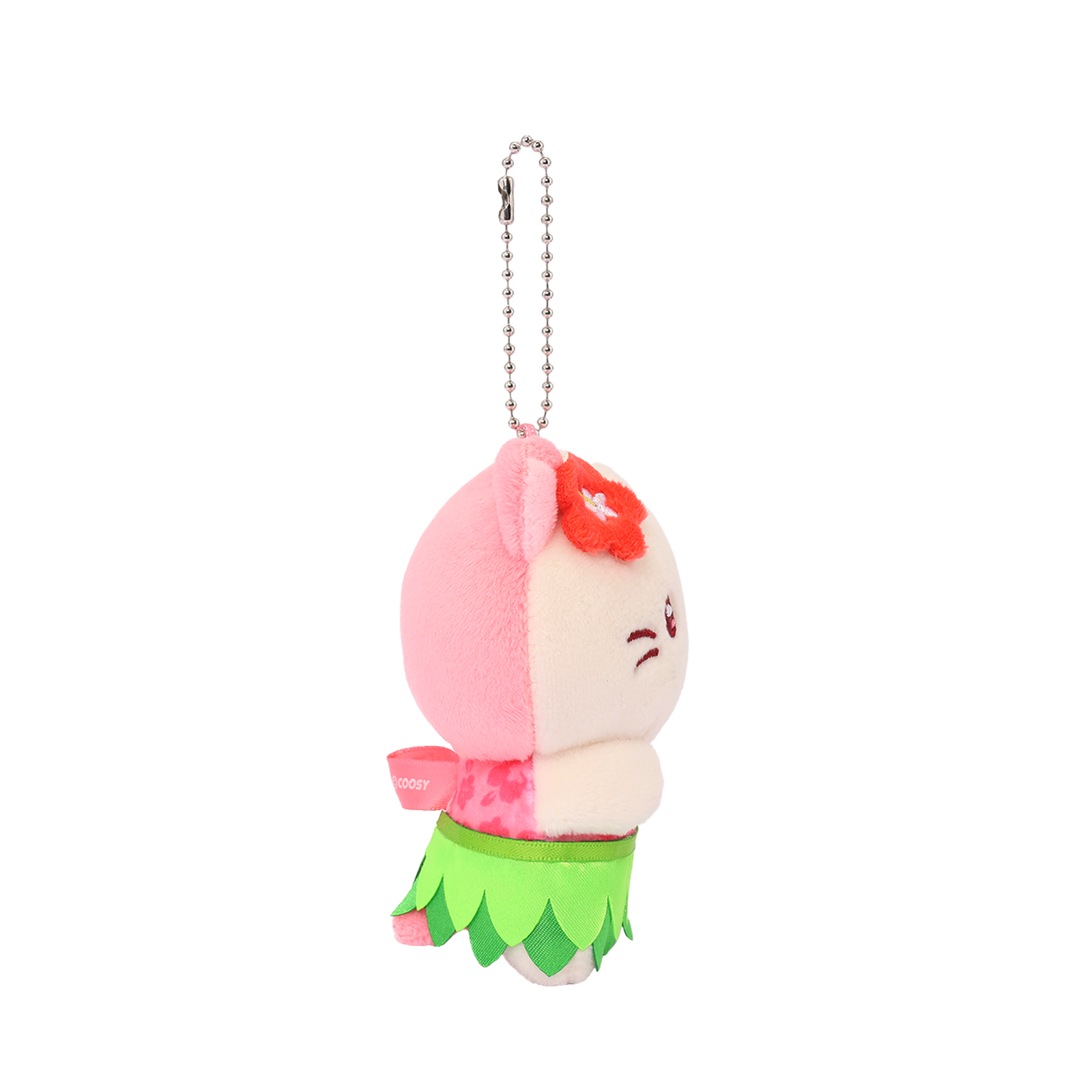 Side profile of Kittiroll Hula Miniz plush charm showing layered grass skirt and hibiscus hair accessory