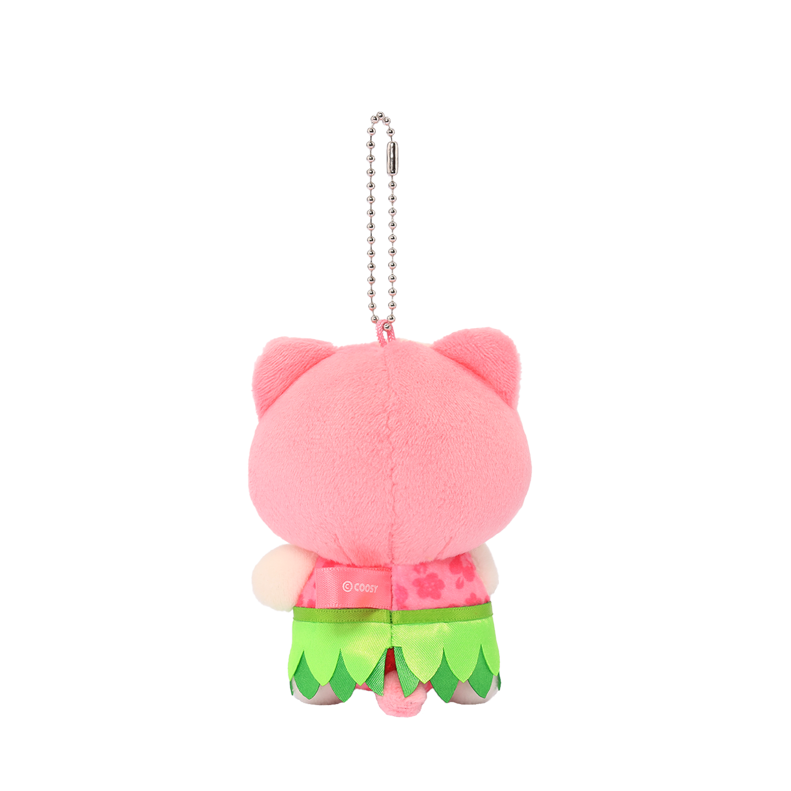 Back view of Hakwii Kittiroll Hula Miniz plush charm showing pink plush body 