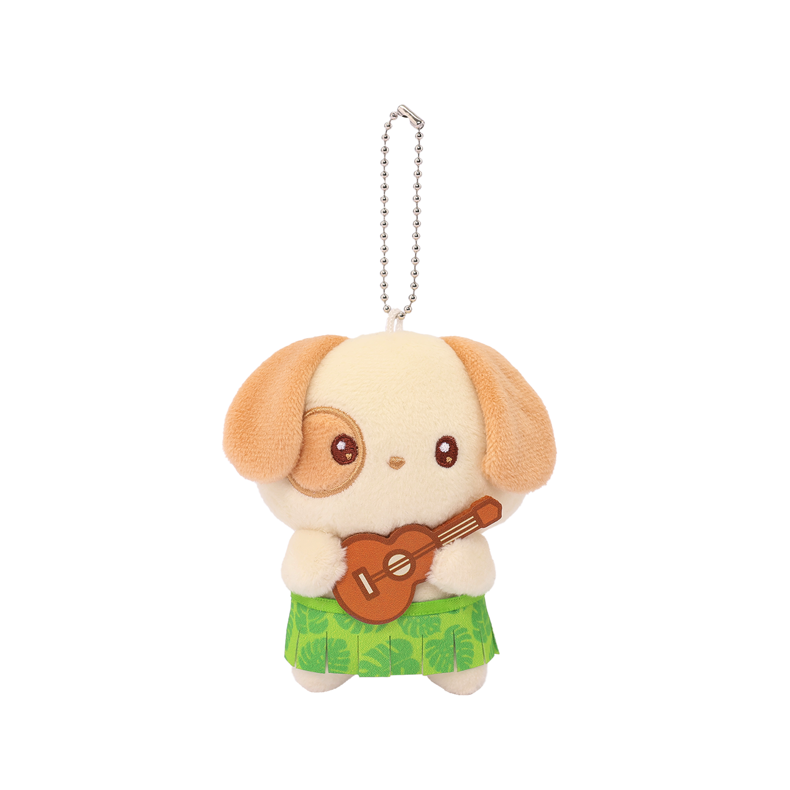 Hawaii Puppiroll Ukulele Miniz plush charm front view – floppy ears, brown eye patch, ukulele, green tropical leaf skirt, ball chain keyring