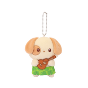 Hawaii Puppiroll Ukulele Miniz plush charm front view – floppy ears, brown eye patch, ukulele, green tropical leaf skirt, ball chain keyring
