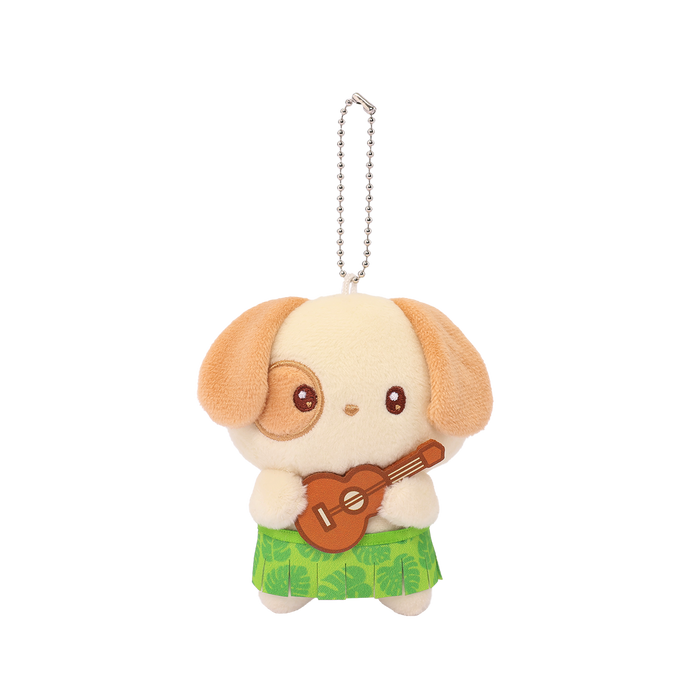 Hawaii Puppiroll Ukulele Miniz plush charm front view – floppy ears, brown eye patch, ukulele, green tropical leaf skirt, ball chain keyring