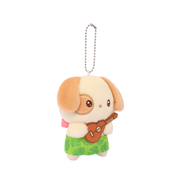 HawaiiPuppiroll Ukulele Miniz plush keychain three-quarter front view showing ukulele and tropical leaf skirt details
