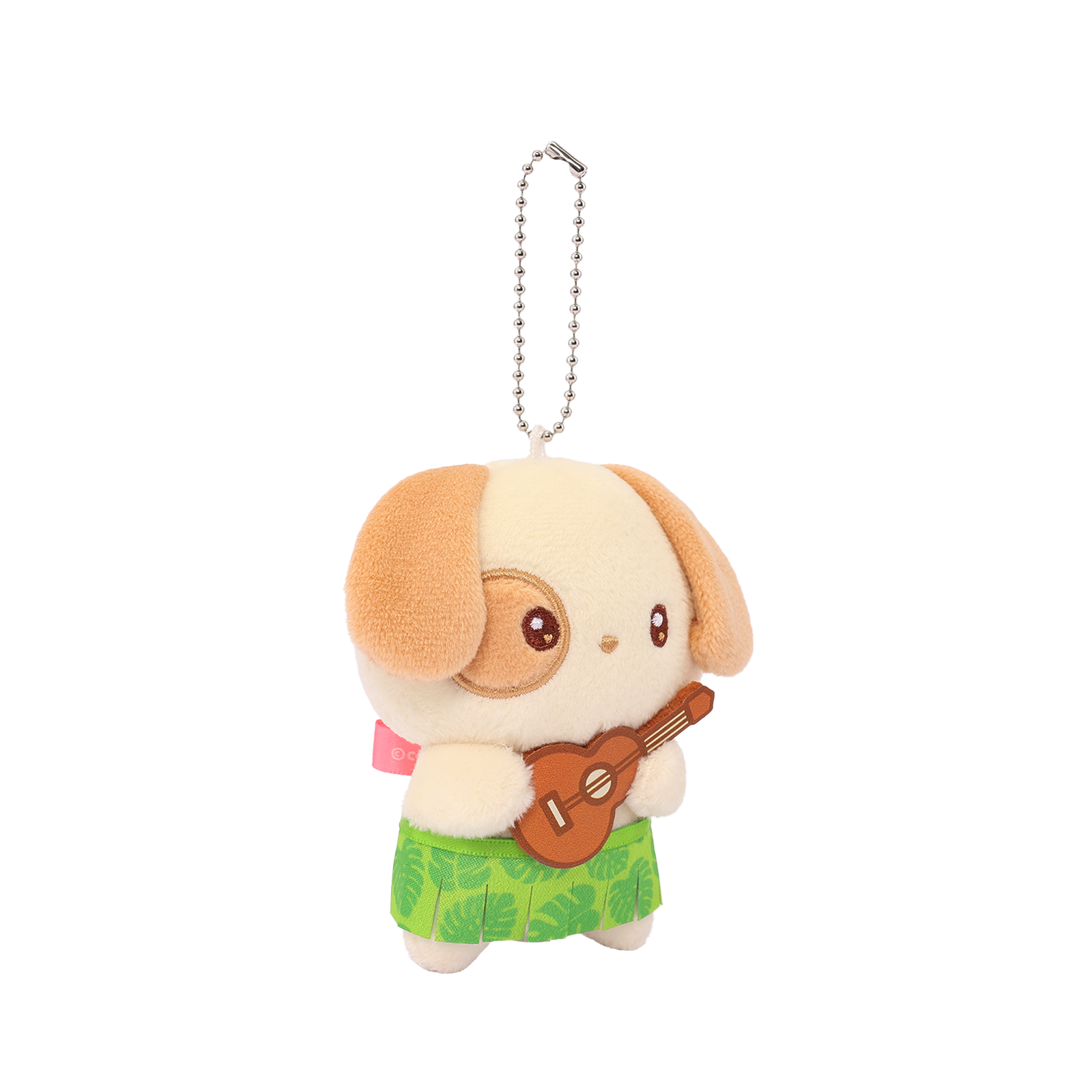 HawaiiPuppiroll Ukulele Miniz plush keychain three-quarter front view showing ukulele and tropical leaf skirt details