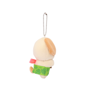 Side view of Hawakk Puppiroll with Ukulele Miniz plush charm showing floppy ear and monstera leaf pattern skirt