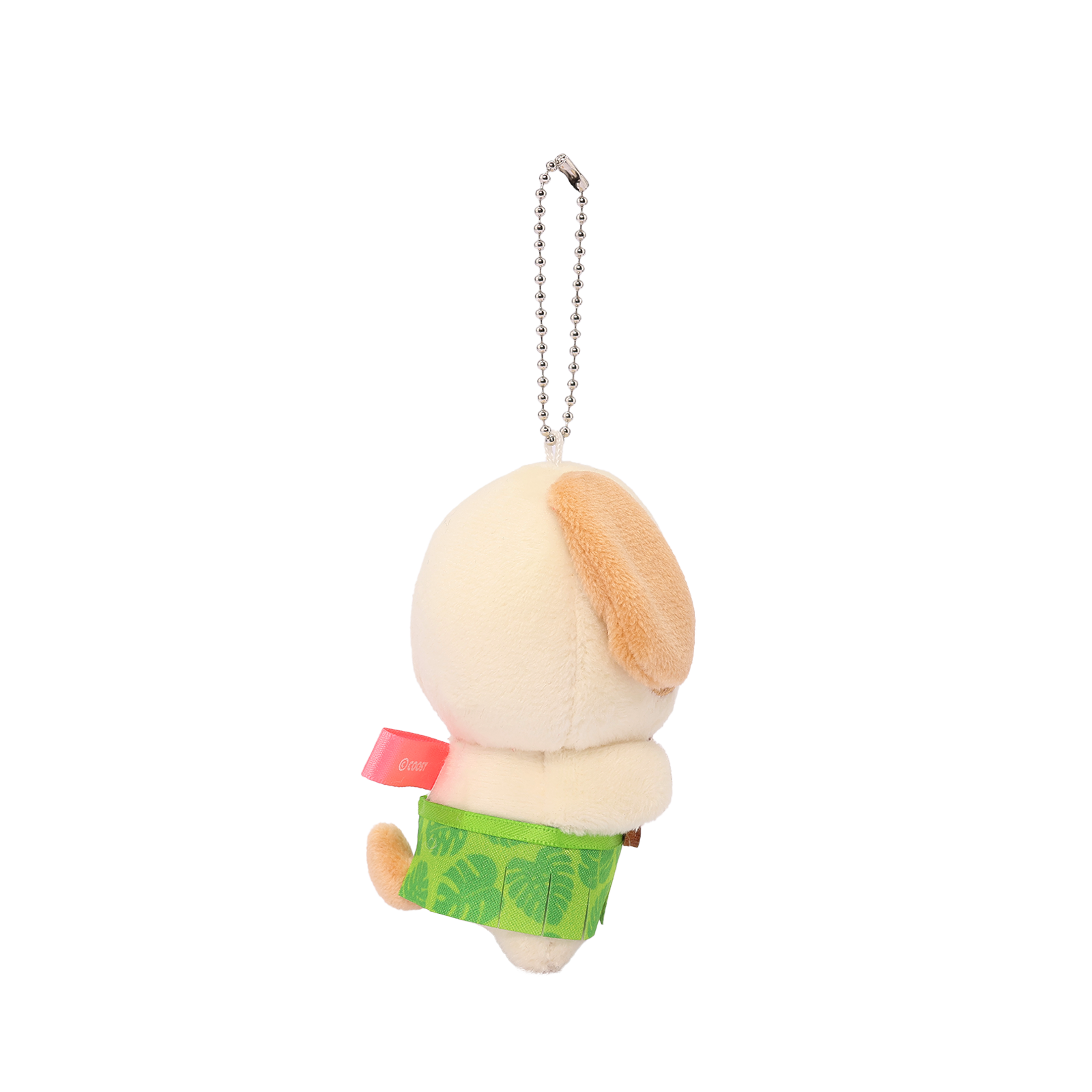 Side view of Hawakk Puppiroll with Ukulele Miniz plush charm showing floppy ear and monstera leaf pattern skirt