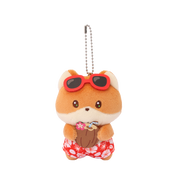 Hawaii Foxiroll Beach Miniz plush charm front view – red sunglasses, coconut drink with flower straw, red hibiscus floral swim trunks, ball chain keyring