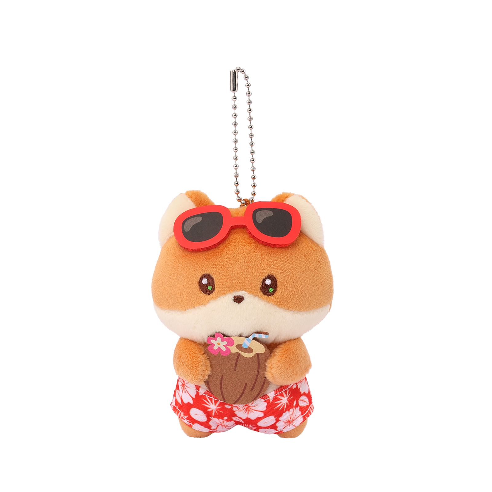 Hawaii Foxiroll Beach Miniz plush charm front view – red sunglasses, coconut drink with flower straw, red hibiscus floral swim trunks, ball chain keyring