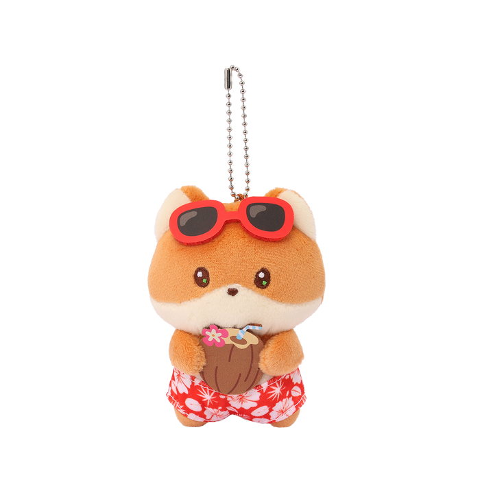 Hawaii Foxiroll Beach Miniz plush charm front view – red sunglasses, coconut drink with flower straw, red hibiscus floral swim trunks, ball chain keyring