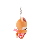 Side view of Hawaii Foxiroll Beach Miniz plush charm showing red sunglasses and floral swim trunks