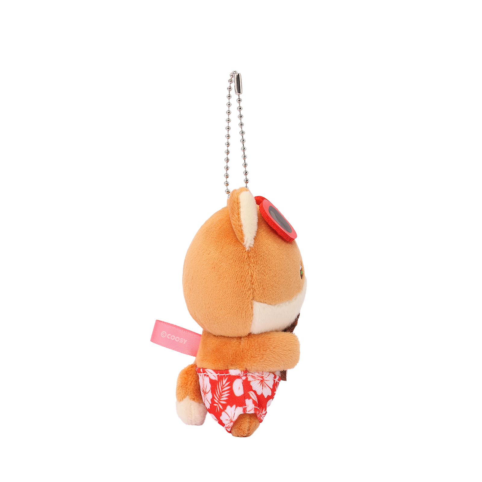 Side view of Hawaii Foxiroll Beach Miniz plush charm showing red sunglasses and floral swim trunks