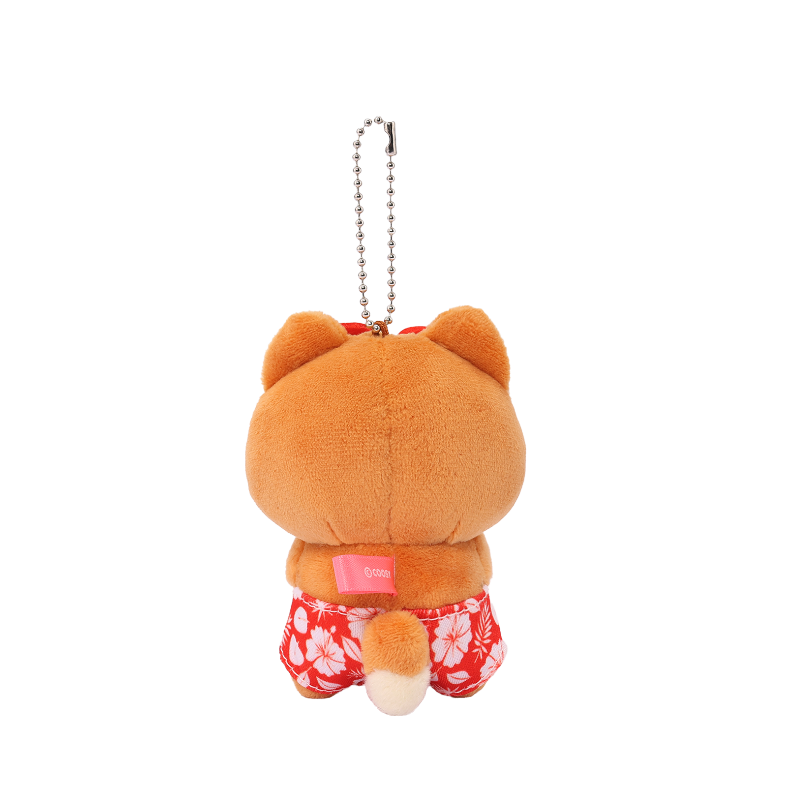 Back view of Hawaii Foxiroll Beach Miniz plush charm showing orange/tan plush body, fluffy tail