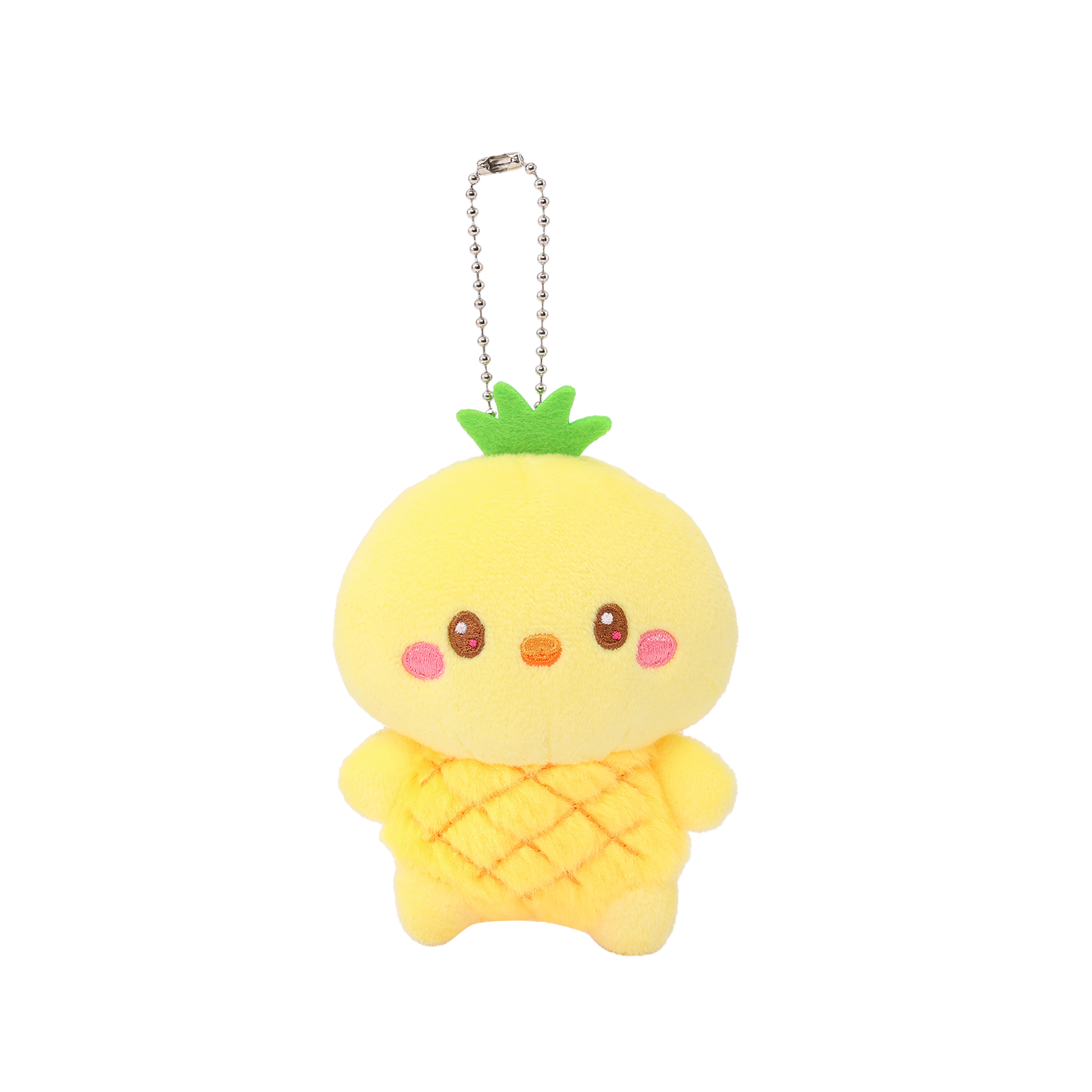 Hawaii Chickiroll Pineapple Miniz plush charm front view – yellow quilted pineapple body, green felt leaf crown, Chickiroll face with rosy cheeks, ball chain keyring