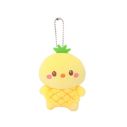 Hawaii Chickiroll Pineapple Miniz plush charm front view – yellow quilted pineapple body, green felt leaf crown, Chickiroll face with rosy cheeks, ball chain keyring