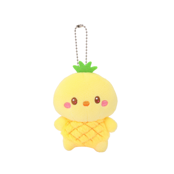 Hawaii Chickiroll Pineapple Miniz plush charm front view – yellow quilted pineapple body, green felt leaf crown, Chickiroll face with rosy cheeks, ball chain keyring