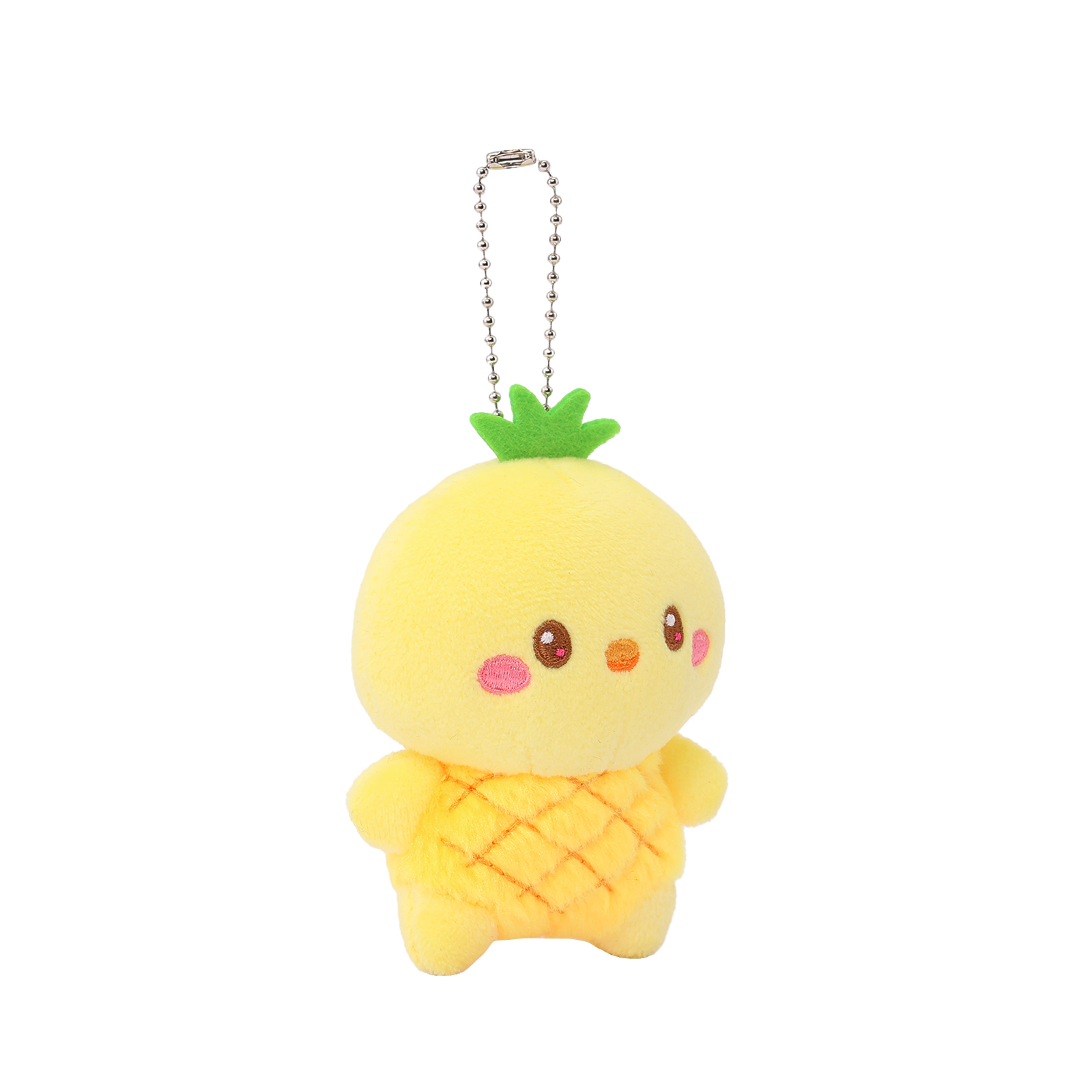Hawaii Chickiroll Pineapple Miniz plush keychain three-quarter front view showing quilted texture and pineapple leaf crown details