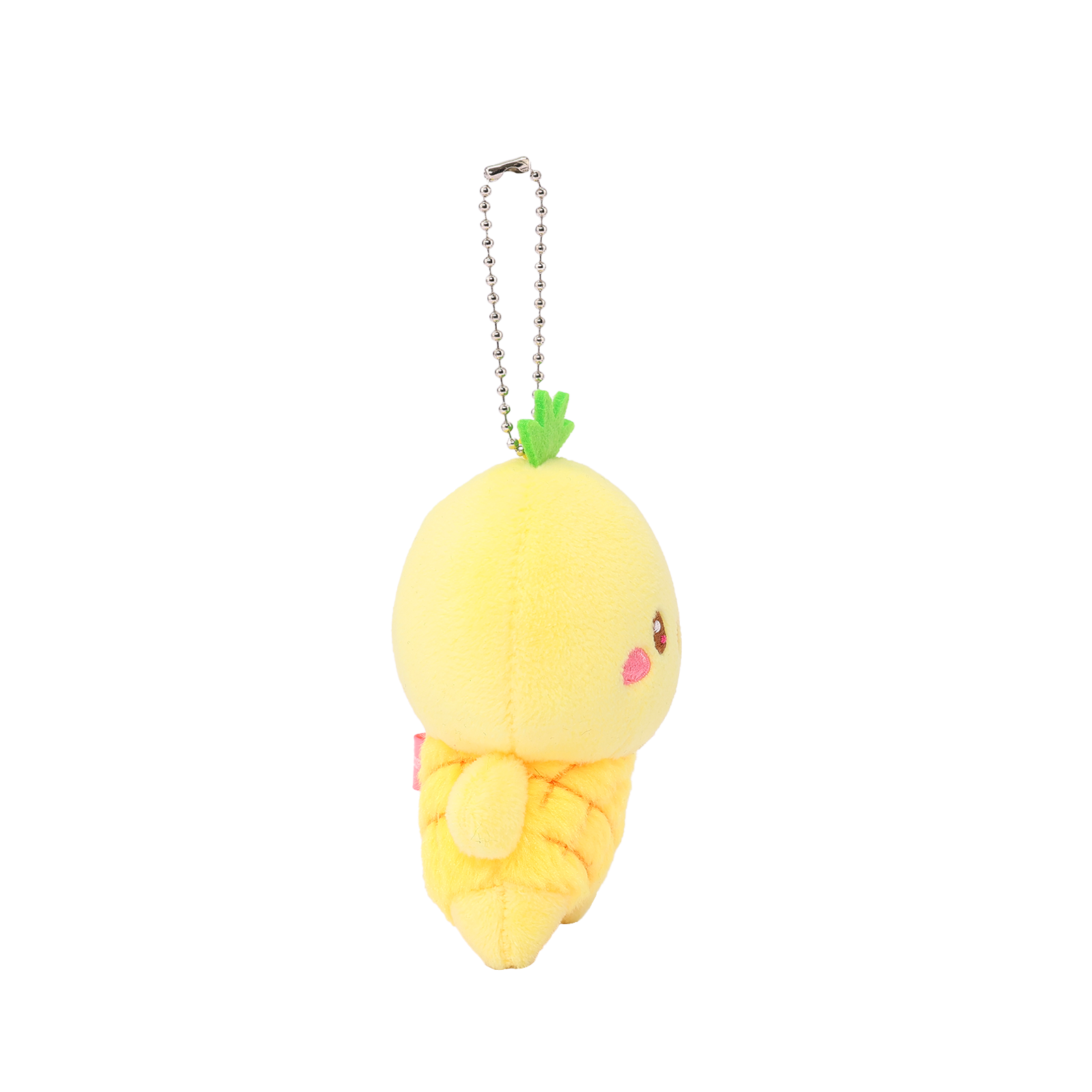 Side view of Hawaii Chickiroll Pineapple Miniz plush charm showing leaf crown and quilted pineapple body profile