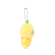 Side view of Hawaii Chickiroll Pineapple Miniz plush charm showing leaf crown and quilted pineapple body profile