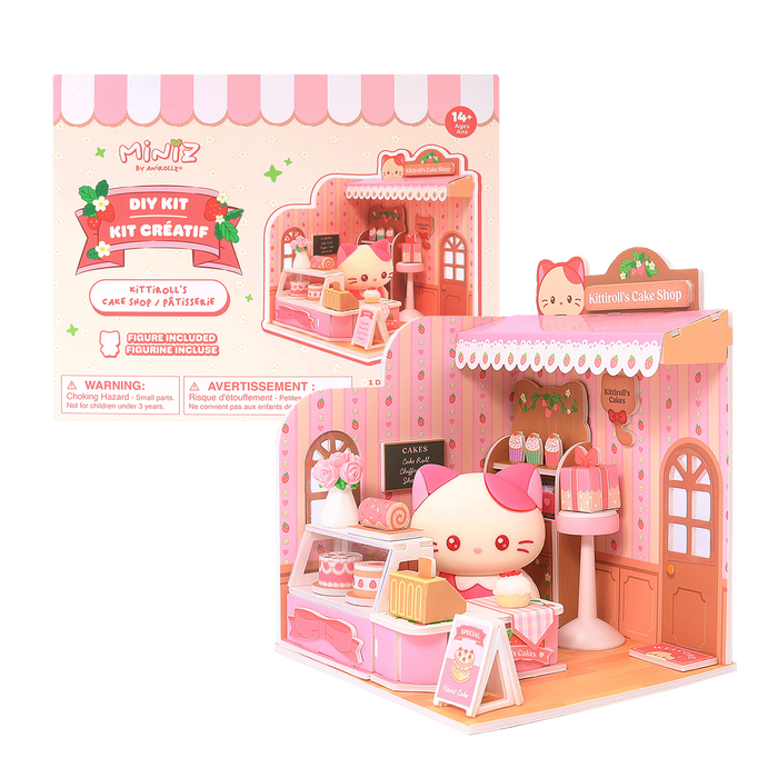 Kittiroll's Cake Shop Miniz by Anirollz DIY kit assembled miniature patisserie diorama with Kittiroll figure & packaging box