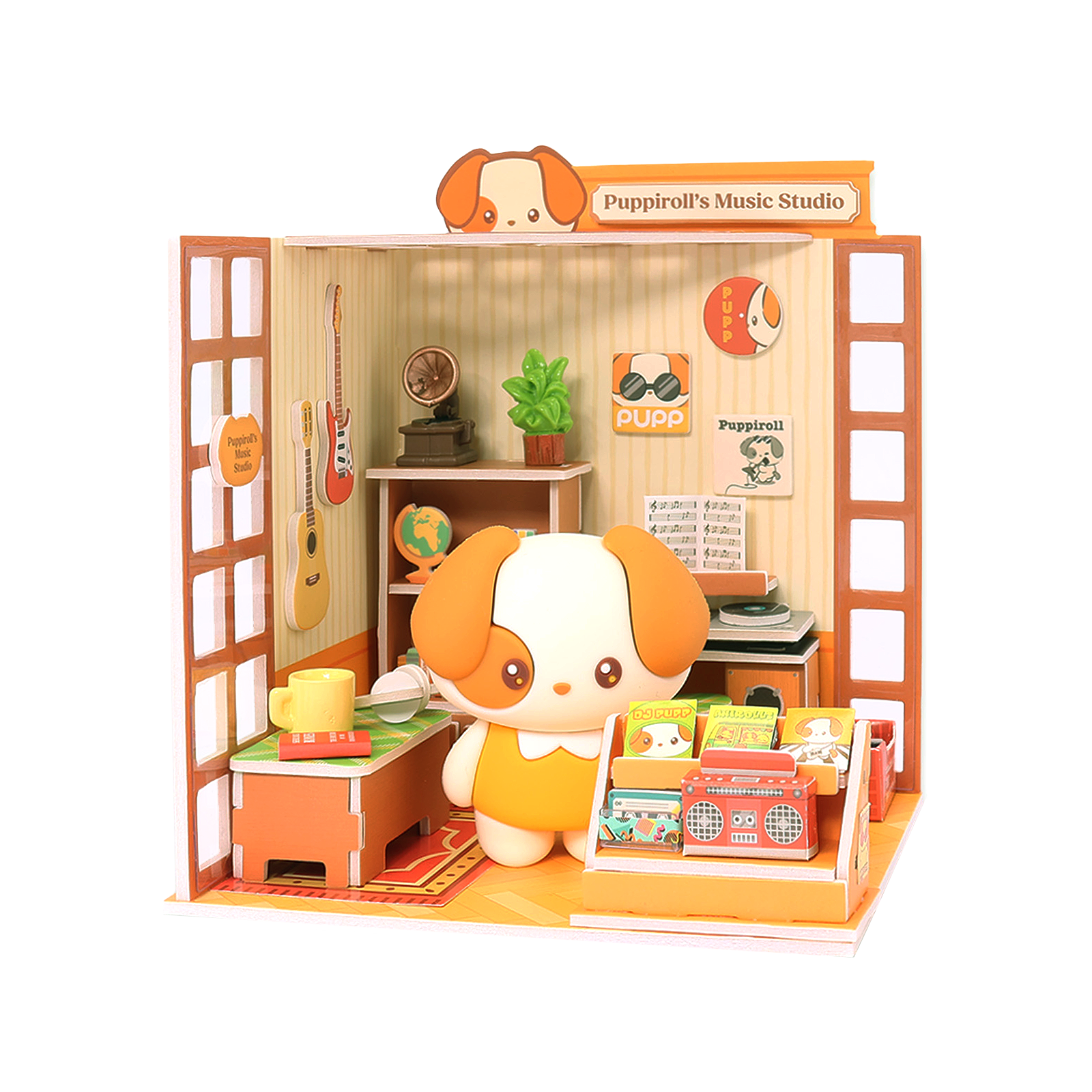 Puppiroll's Music Studio Miniz by Anirollz DIY kit assembled miniature retro studio diorama with Puppiroll figure