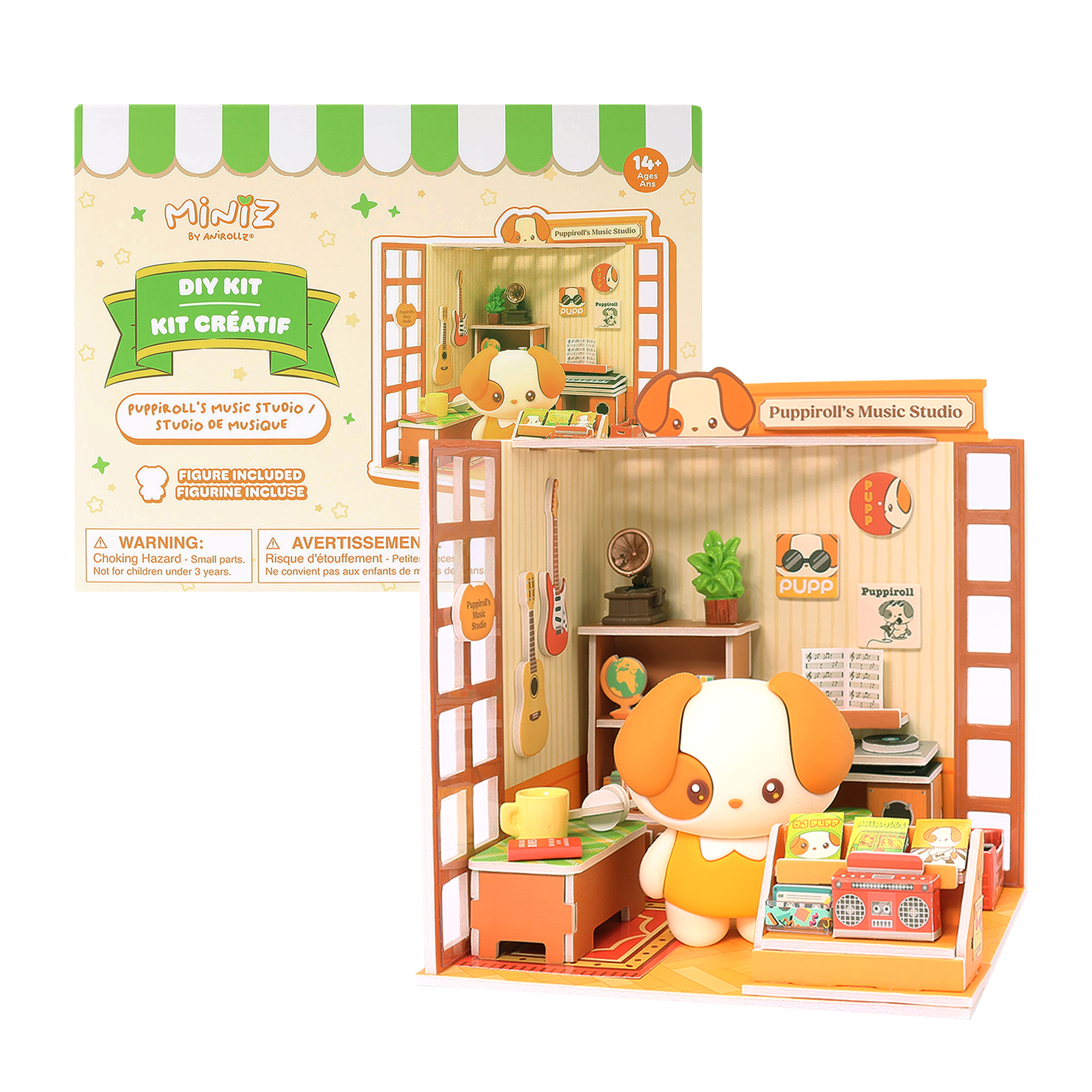 Puppiroll's Music Studio Miniz by Anirollz DIY kit assembled miniature retro studio diorama with Puppiroll figure & packaging box