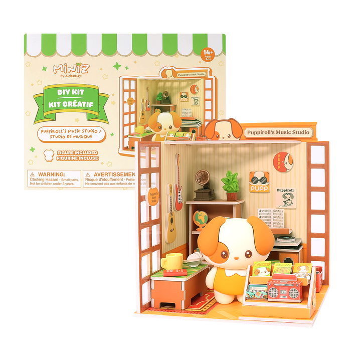 Puppiroll's Music Studio Miniz by Anirollz DIY kit assembled miniature retro studio diorama with Puppiroll figure & packaging box