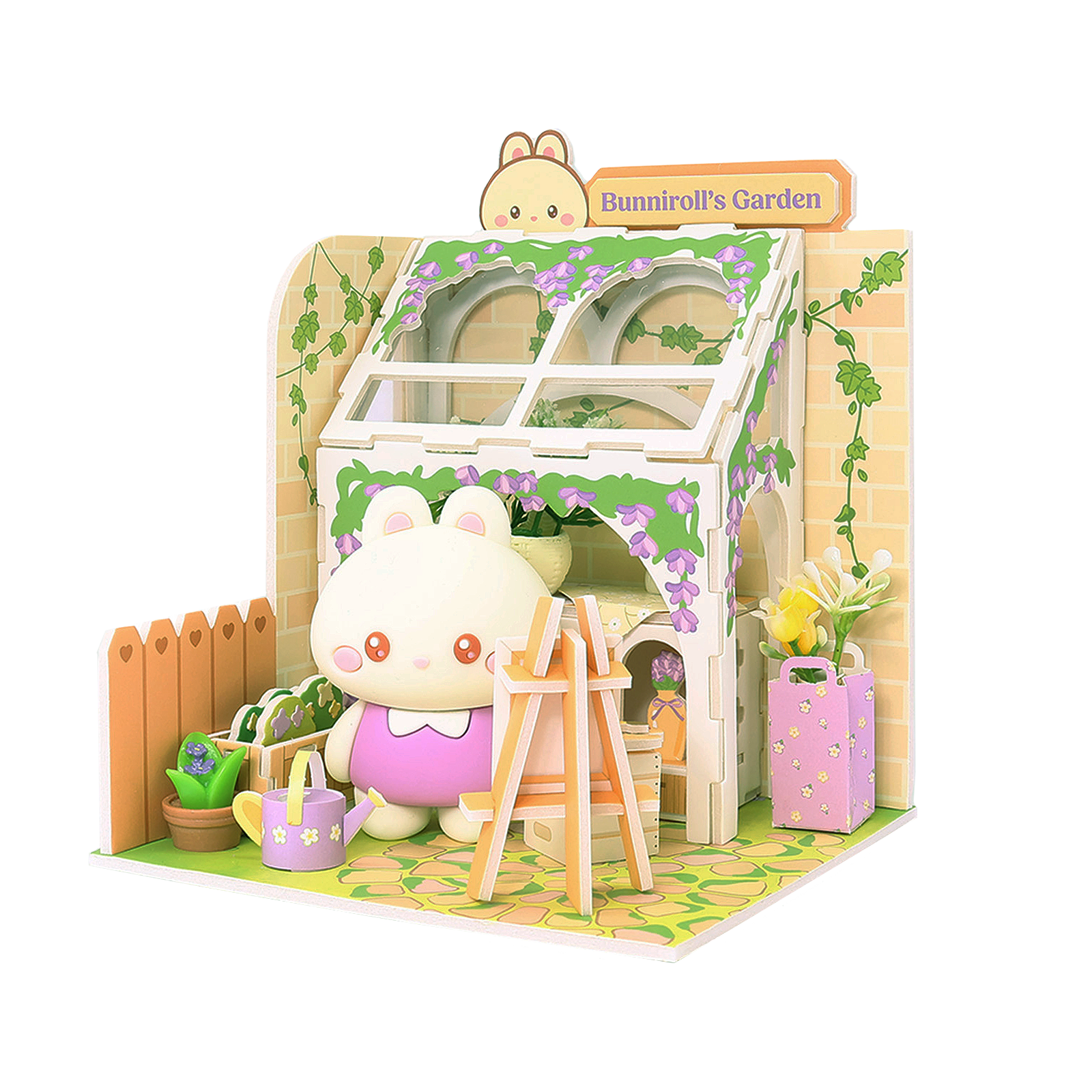 Bunniroll's Garden Miniz by Anirollz DIY kit assembled miniature greenhouse diorama with Bunniroll figure