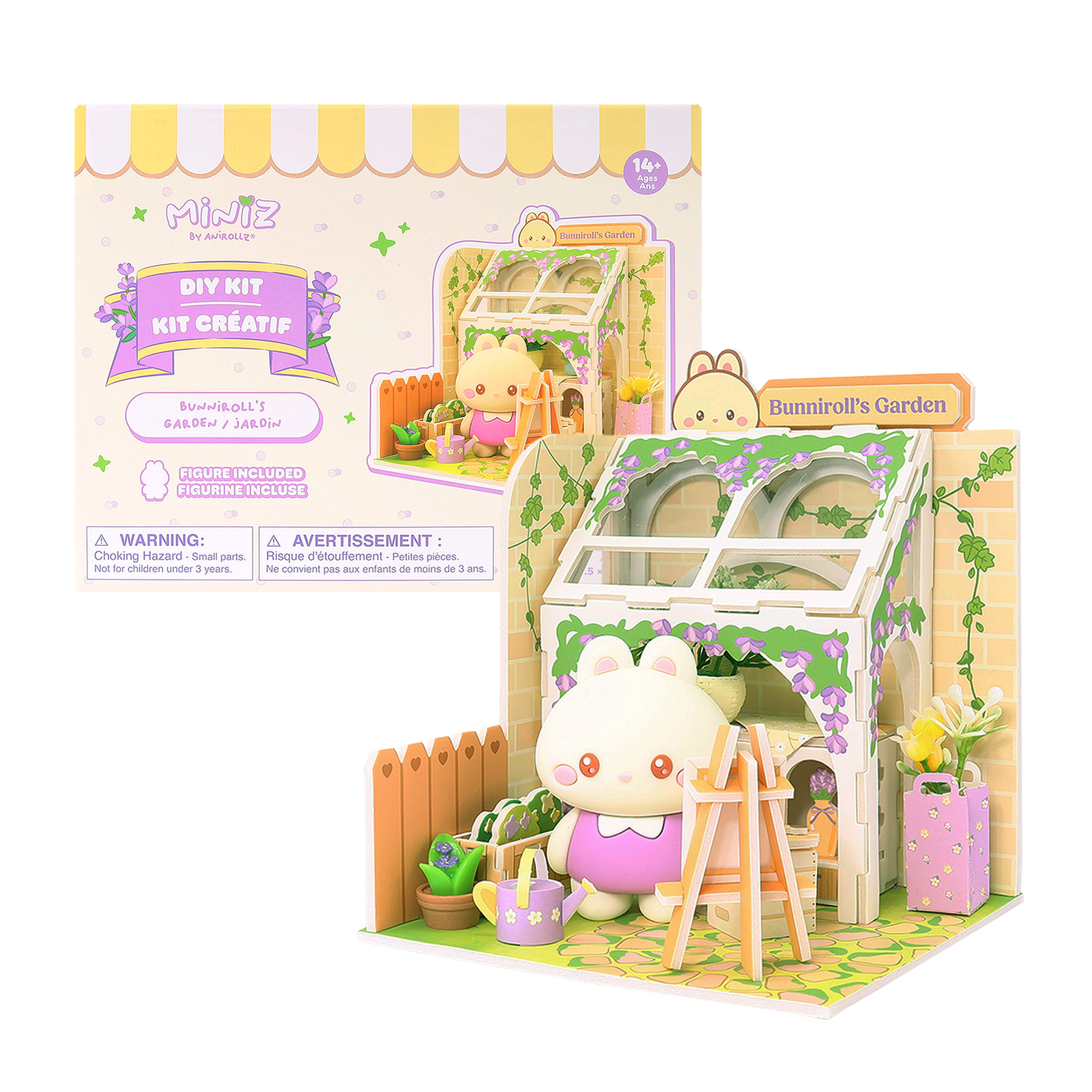 Bunniroll's Garden Miniz by Anirollz DIY kit assembled miniature greenhouse diorama with Bunniroll figure & packaging box