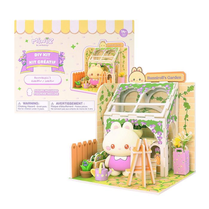 Bunniroll's Garden Miniz by Anirollz DIY kit assembled miniature greenhouse diorama with Bunniroll figure & packaging box