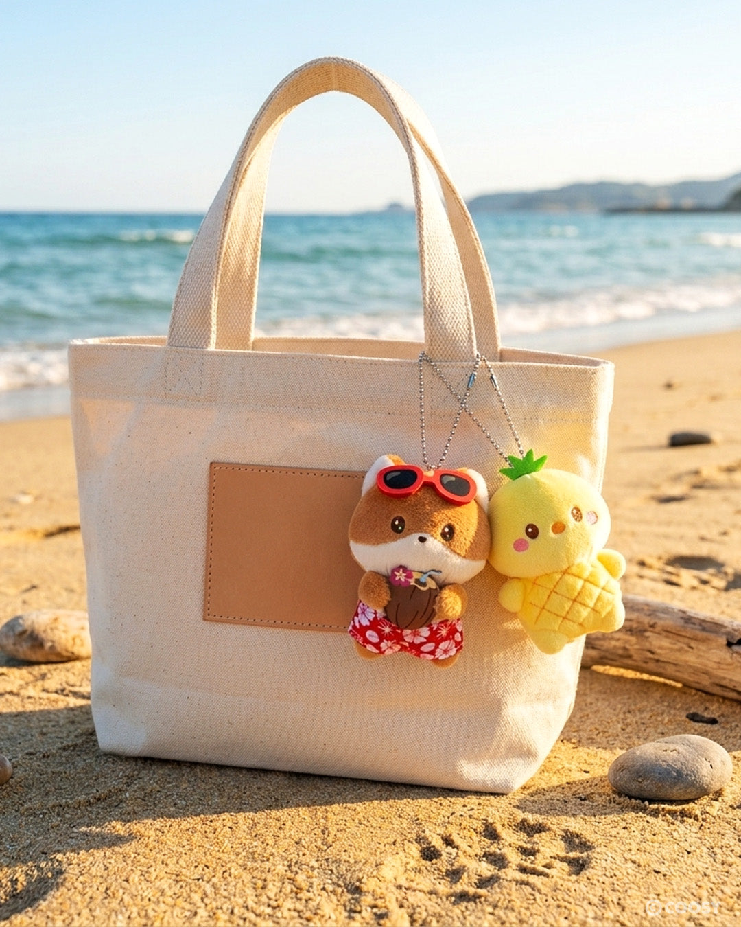 Two Miniz by Anirollz Hawaii Collection plush keychains — Foxiroll in red floral swim trunks and sunglasses holding a coconut drink, and  yellow Chickiroll dressed as a pineapple — clipped to a canvas tote bag on a sunny beach.