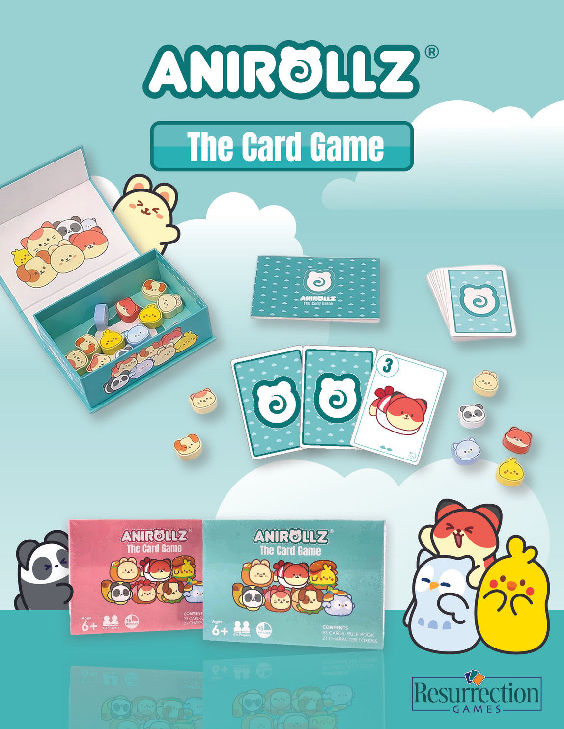 Anirollz The Card Game promotional poster showing both the pink and teal box editions, open game box with character tokens, rulebook, playing cards, and scattered kawaii animal tokens, published by Resurrection Games