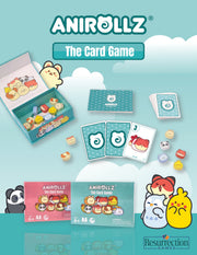 Anirollz The Card Game promotional poster showing both the pink and teal box editions, open game box with character tokens, rulebook, playing cards, and scattered kawaii animal tokens, published by Resurrection Games