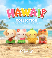 Miniz by Anirollz Hawaii Collection banner featuring four cute plush figures — a ukulele-playing Puppiroll, a hula Kittiroll, a pineapple Chickiroll, and a sunglasses-wearing Foxiroll — posed on a sunny beach.